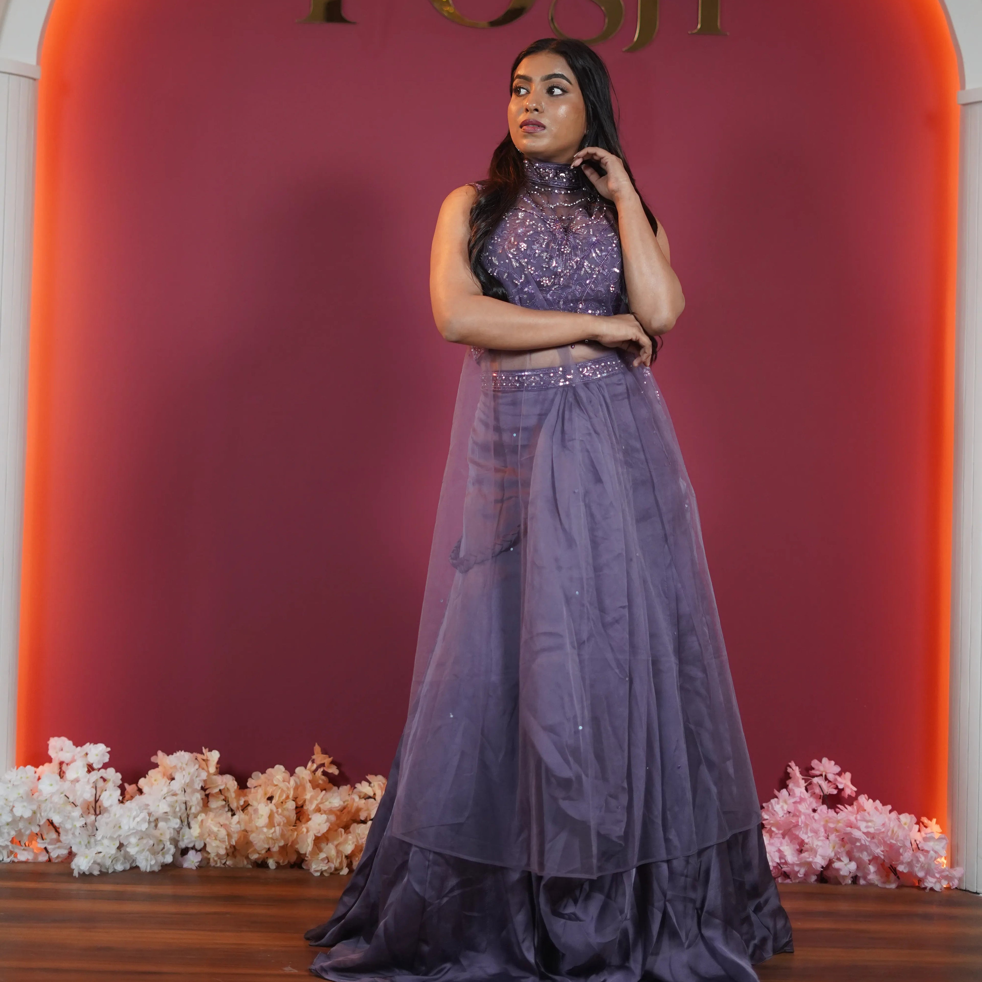 dusty lavender designer lehenga for women available at Posh Wedding Rental Kerala party wear lehenga rental