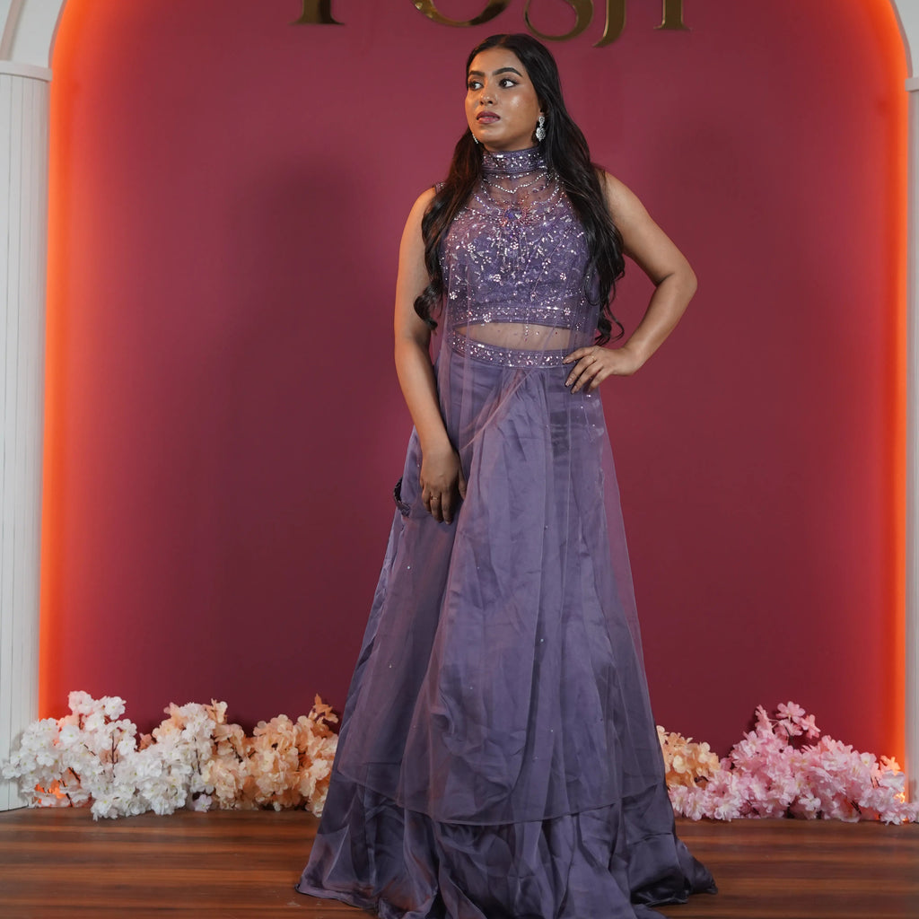 dusty lavender designer lehenga for women available at Posh Wedding Rental Kerala party wear lehenga rental