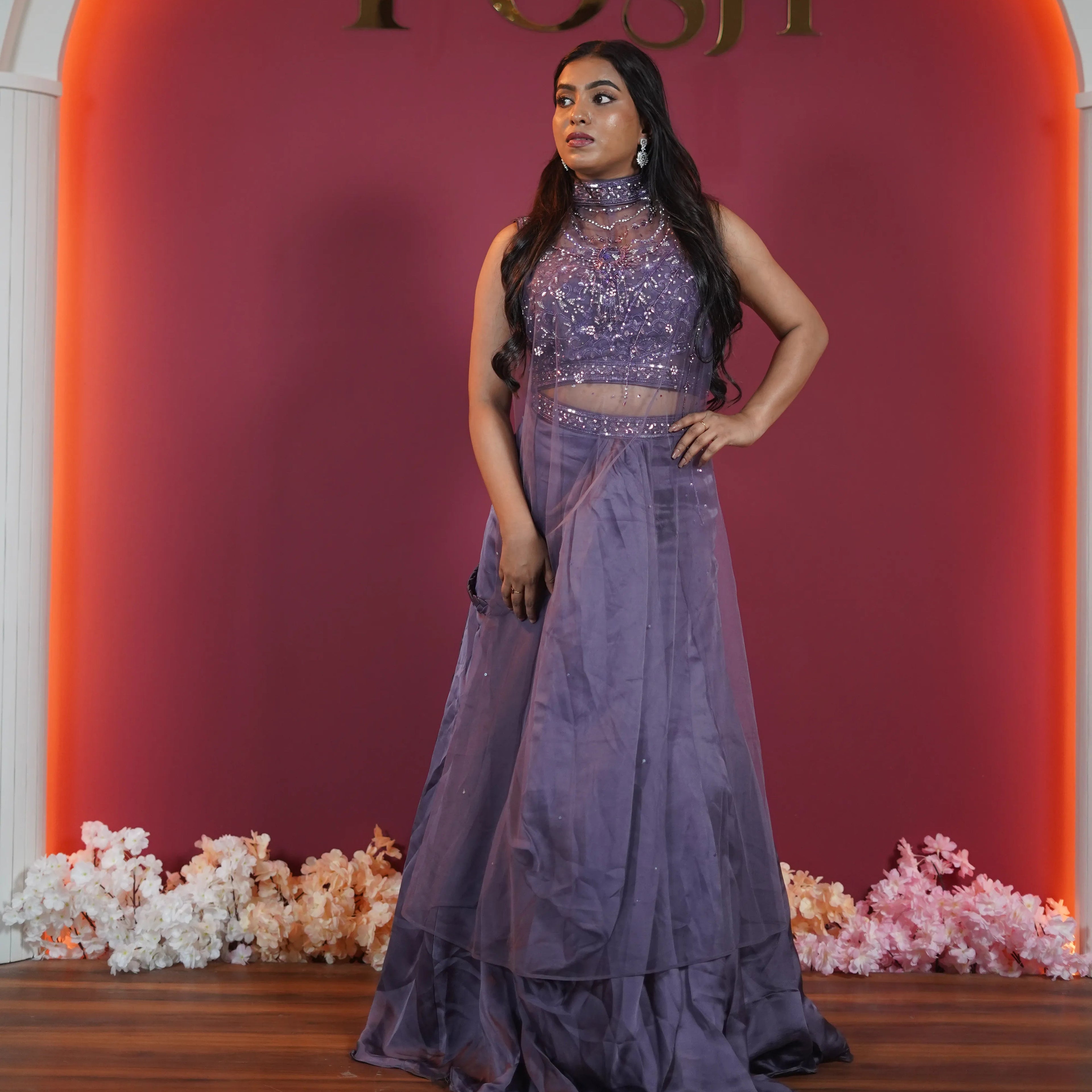 dusty lavender designer lehenga for women available at Posh Wedding Rental Kerala party wear lehenga rental