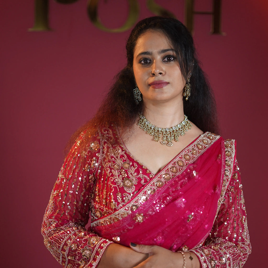 hot pink designer crop top lehenga with gold embroidery available at Posh Wedding Rental Kerala