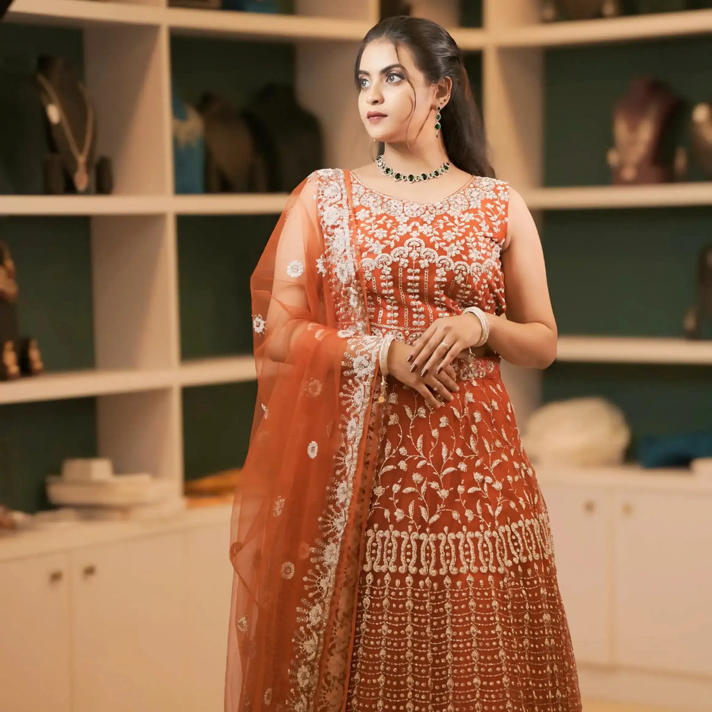 designer lehenga wedding attire rental kerala orange