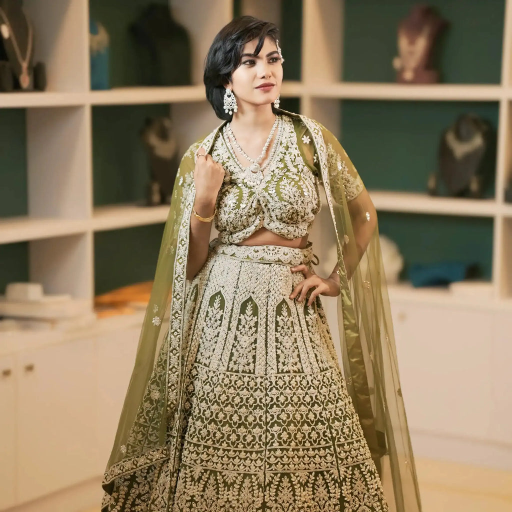 sage green bridal lehenga rental kerala designer