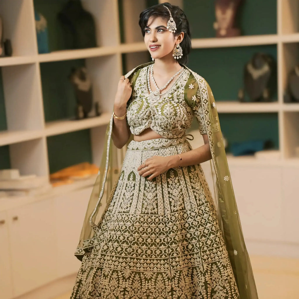 designer lehenga wedding clothes rental kerala green