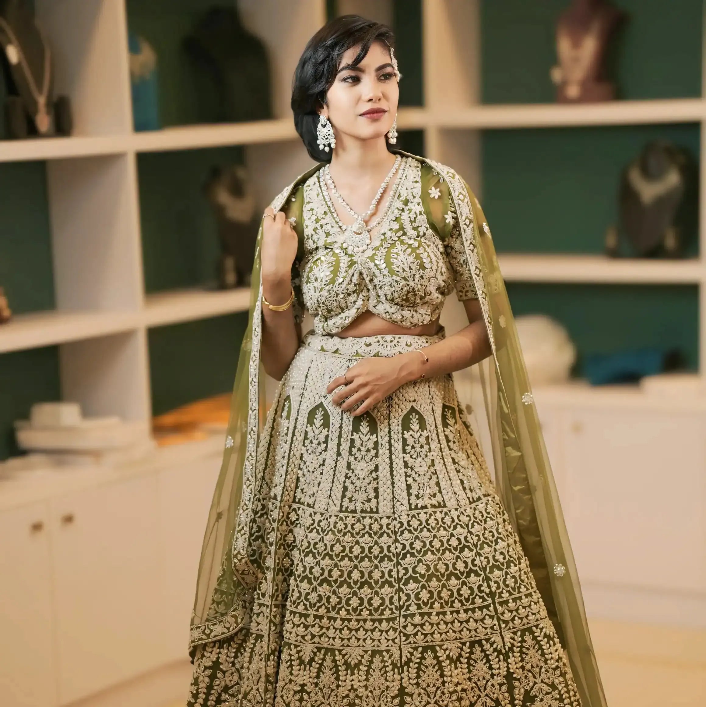 embroidered crop top lehenga wedding outfit rentals sage