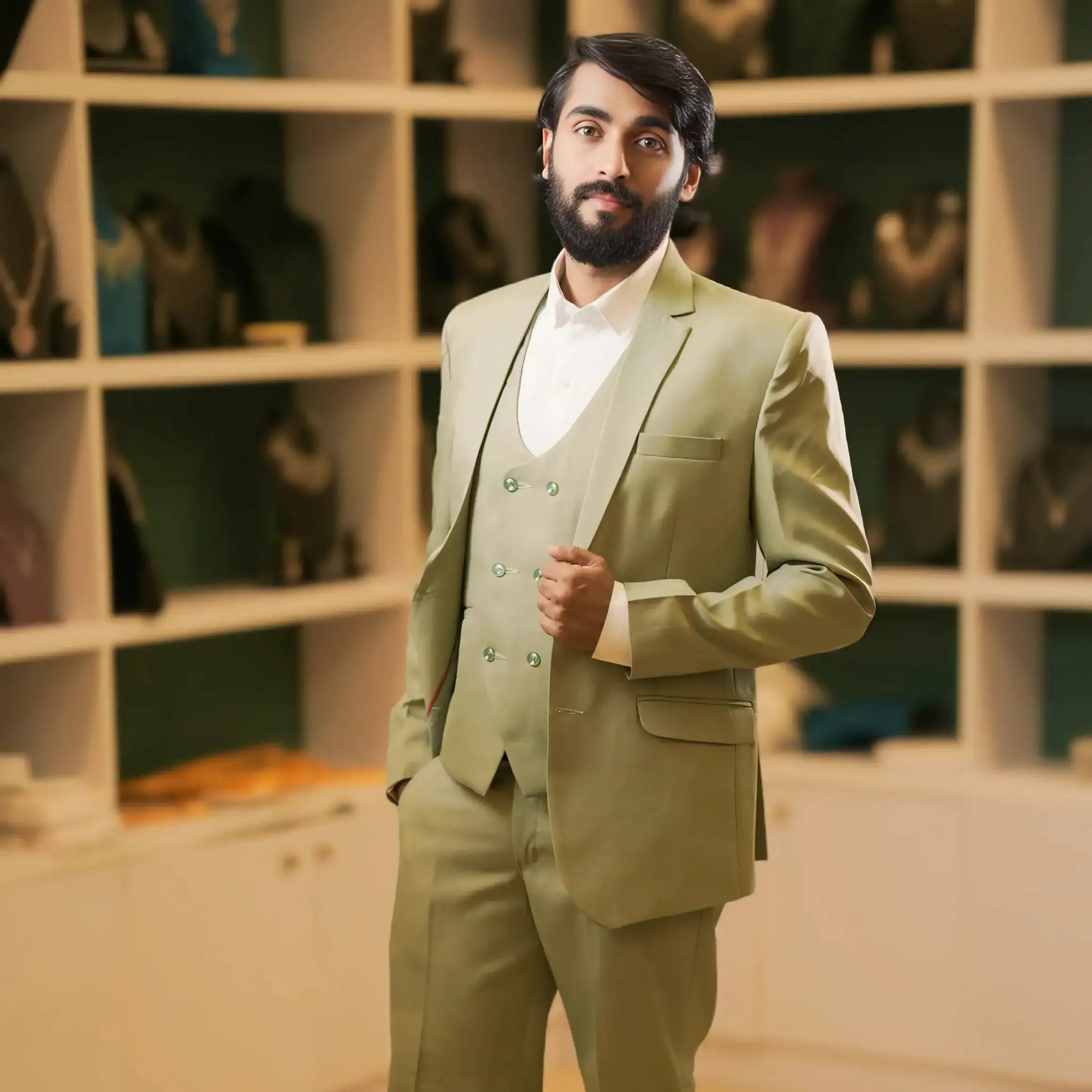 Stylish groom wearing a sage green three-piece wedding suit with a modern tailored fit. Perfect men's wedding suit for engagement, reception, destination weddings, and formal celebrations from Posh Wedding Rental.