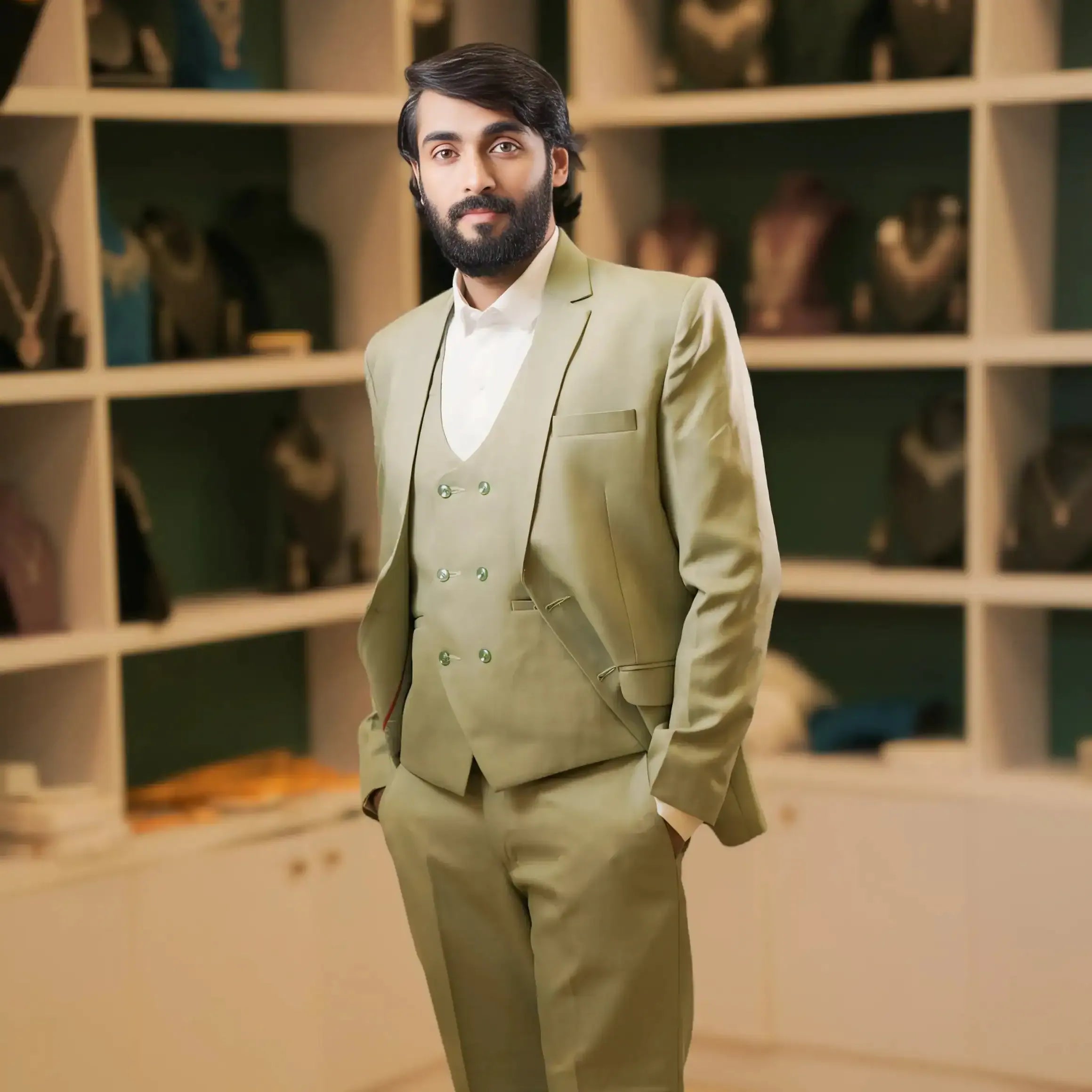 Elegant sage green formal suit for men with a premium tailored finish, perfect for wedding receptions, engagements, and special occasions. Designer groom suit rental available at Posh Wedding Rental across Kerala.