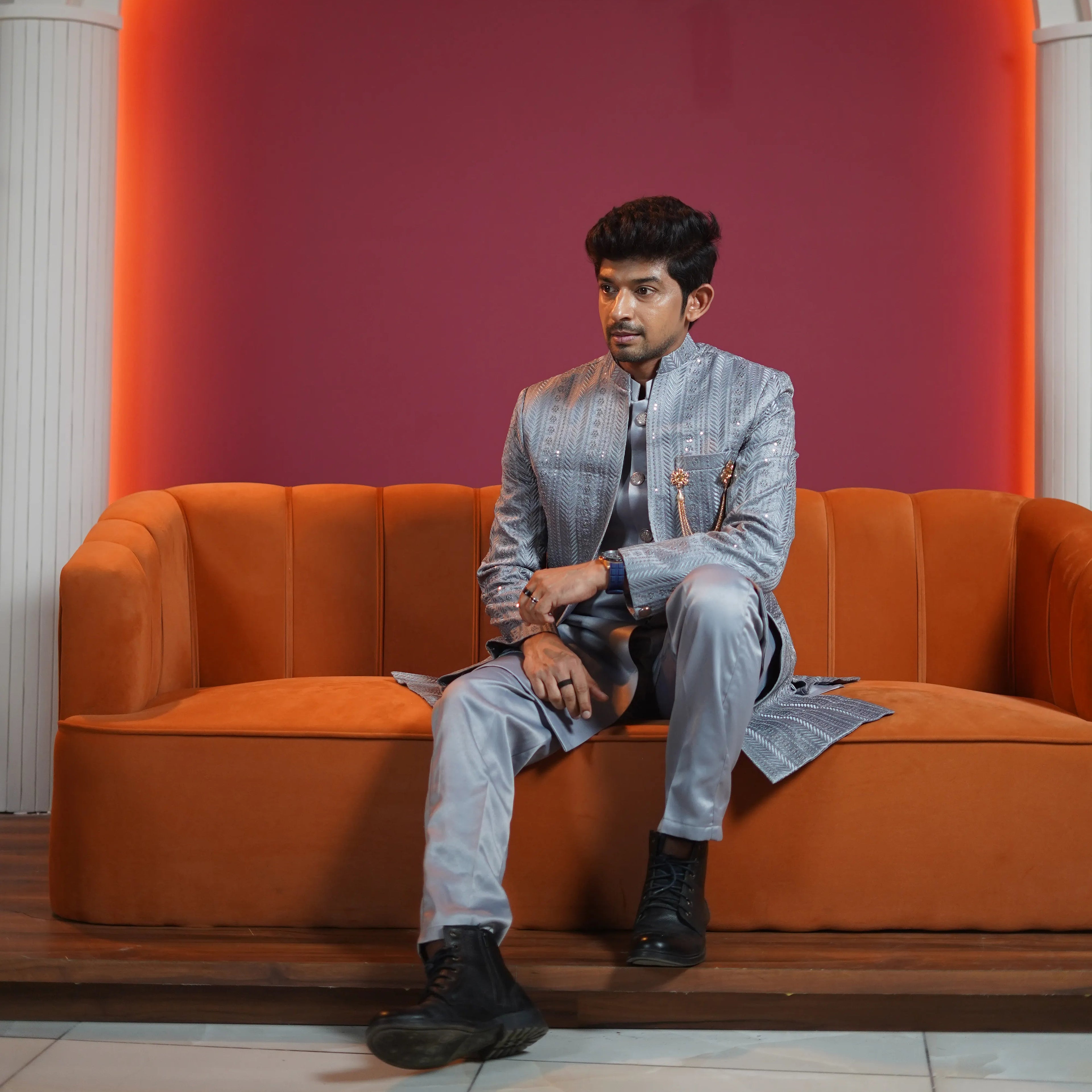 Silver grey designer sherwani for groom available at Posh Wedding Rental Kerala wedding sherwani rental