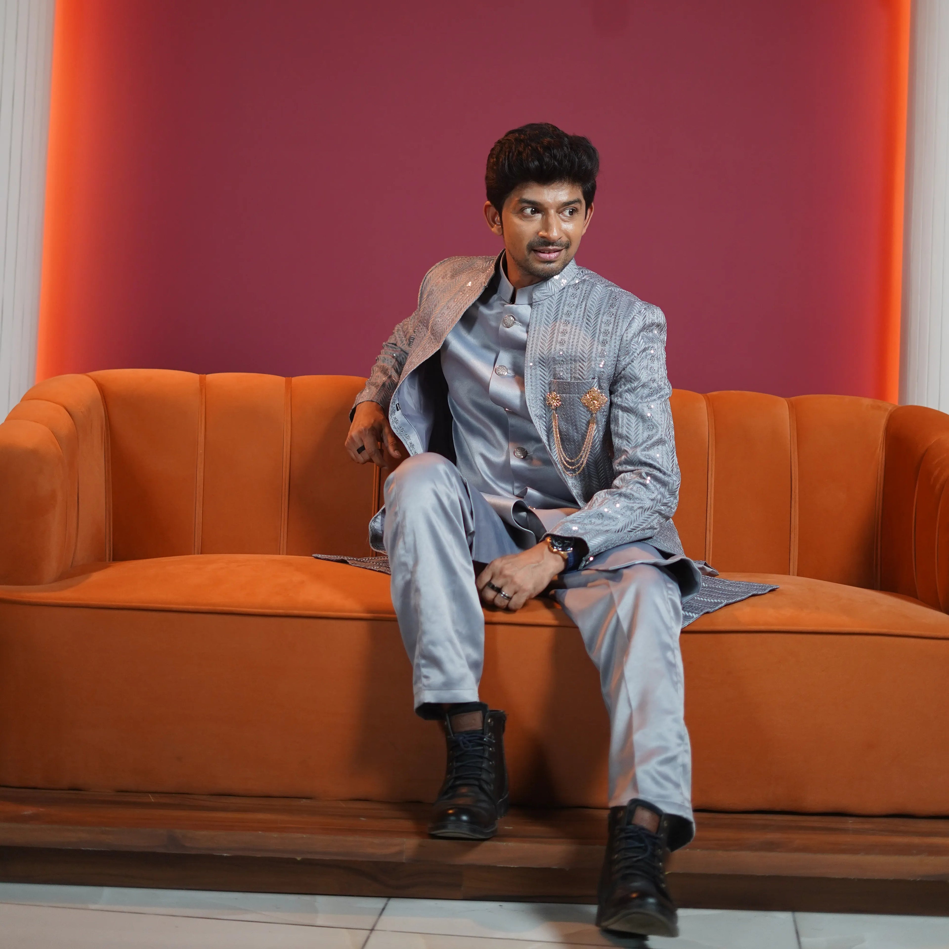 Silver grey designer sherwani for groom available at Posh Wedding Rental Kerala wedding sherwani rental