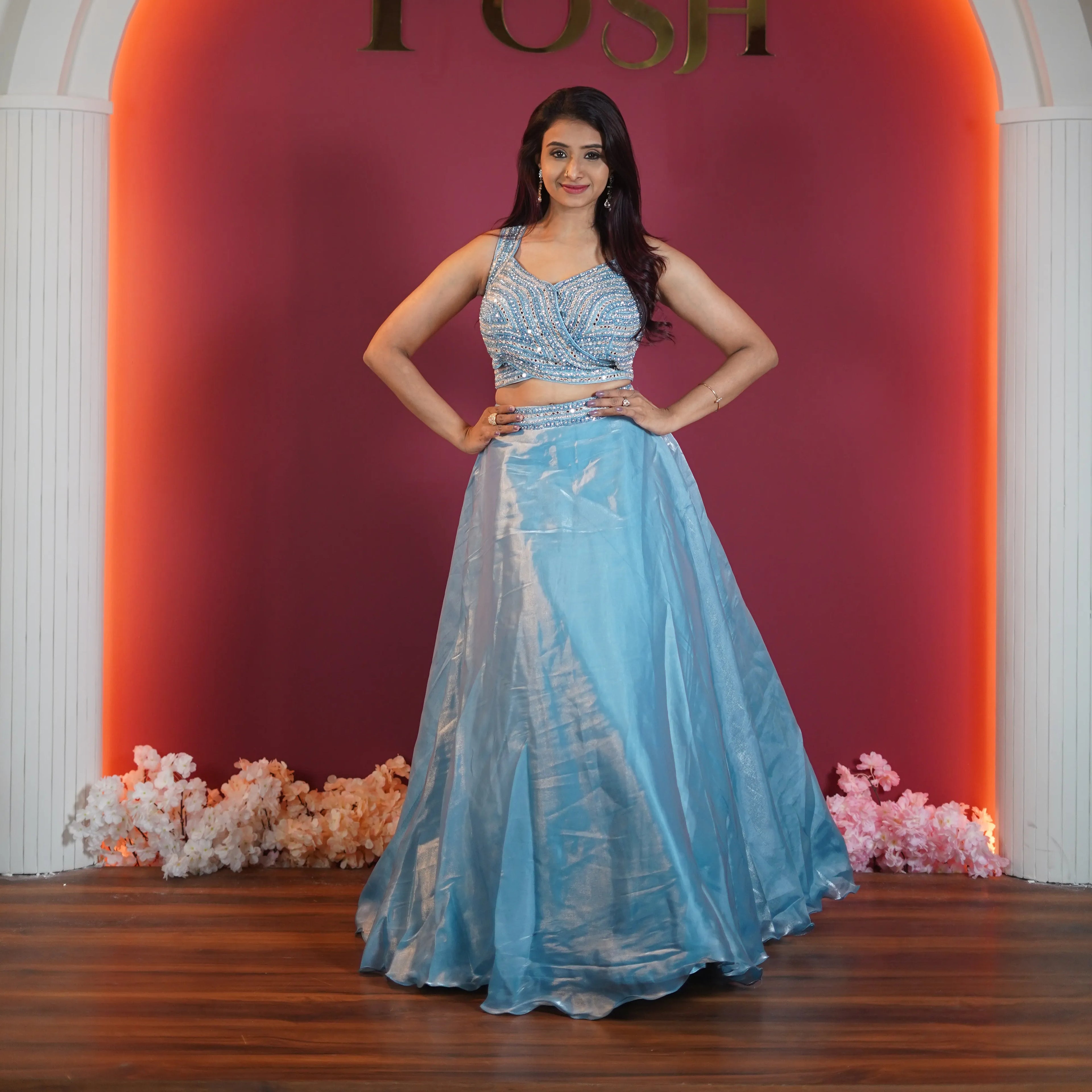 sky blue designer crop top lehenga available at Posh Wedding Rental Kerala for wedding and party wear rental