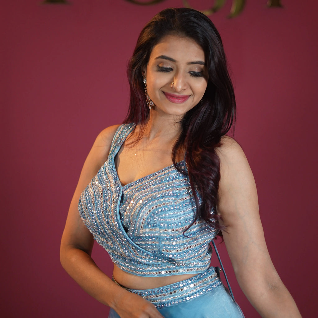 sky blue designer crop top lehenga available at Posh Wedding Rental Kerala for wedding and party wear rental