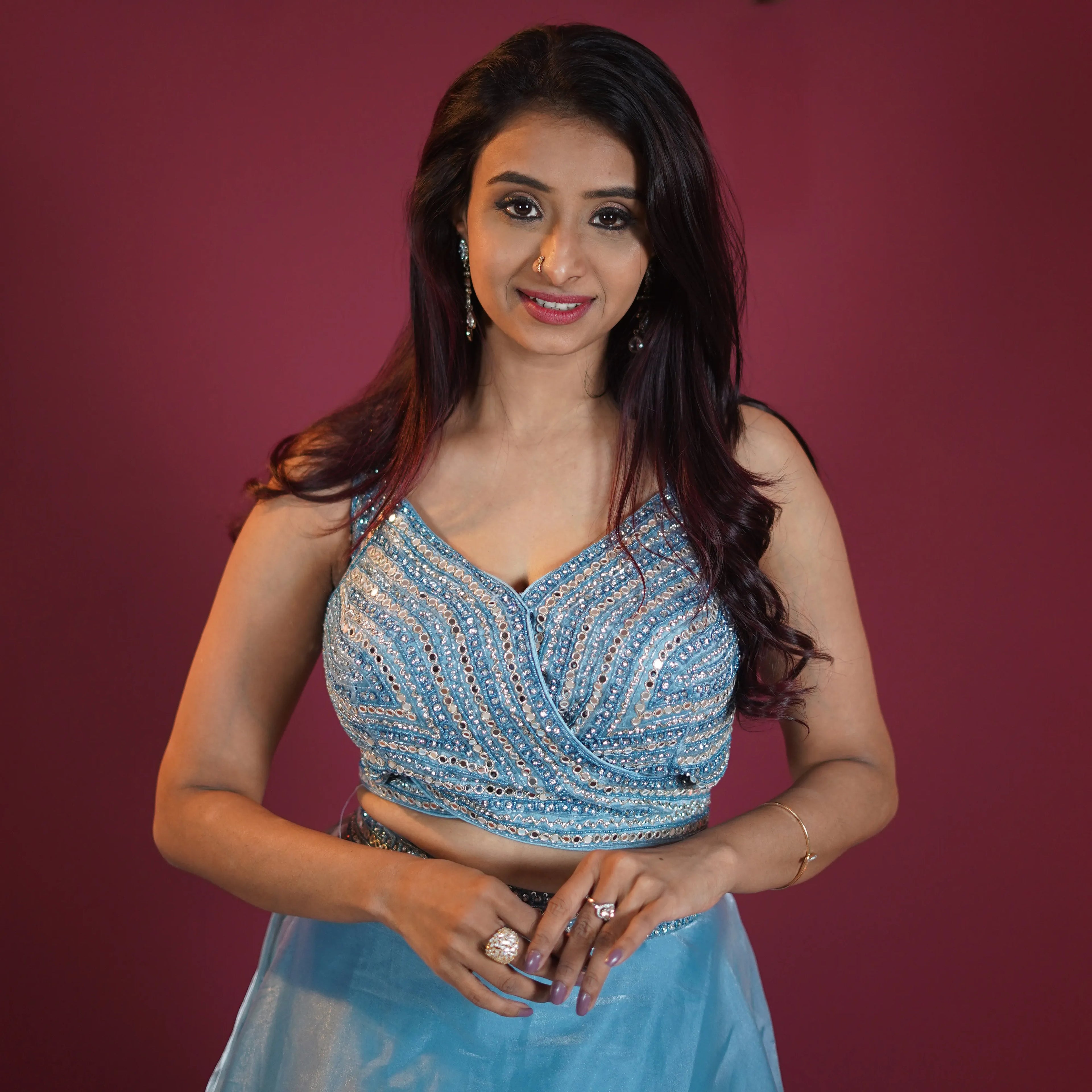 sky blue designer crop top lehenga available at Posh Wedding Rental Kerala for wedding and party wear rental