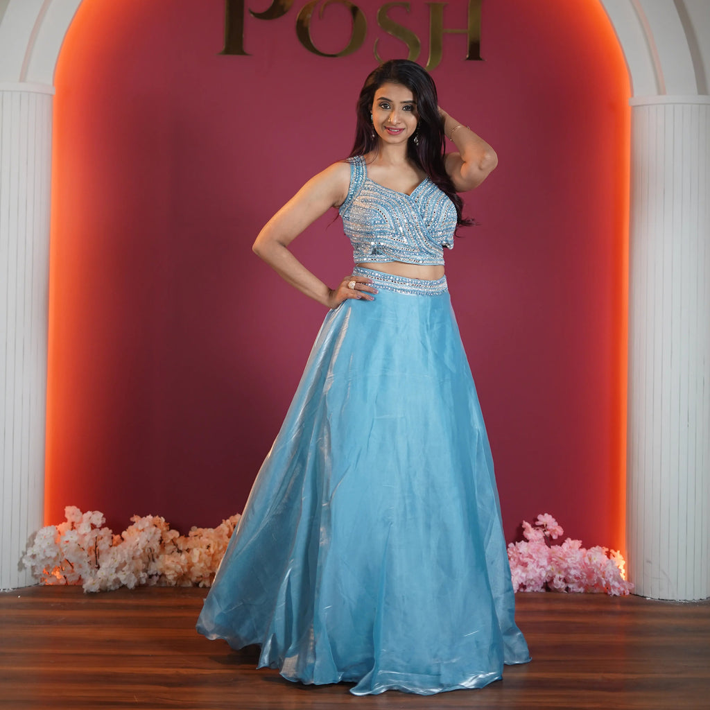 sky blue designer crop top lehenga available at Posh Wedding Rental Kerala for wedding and party wear rental