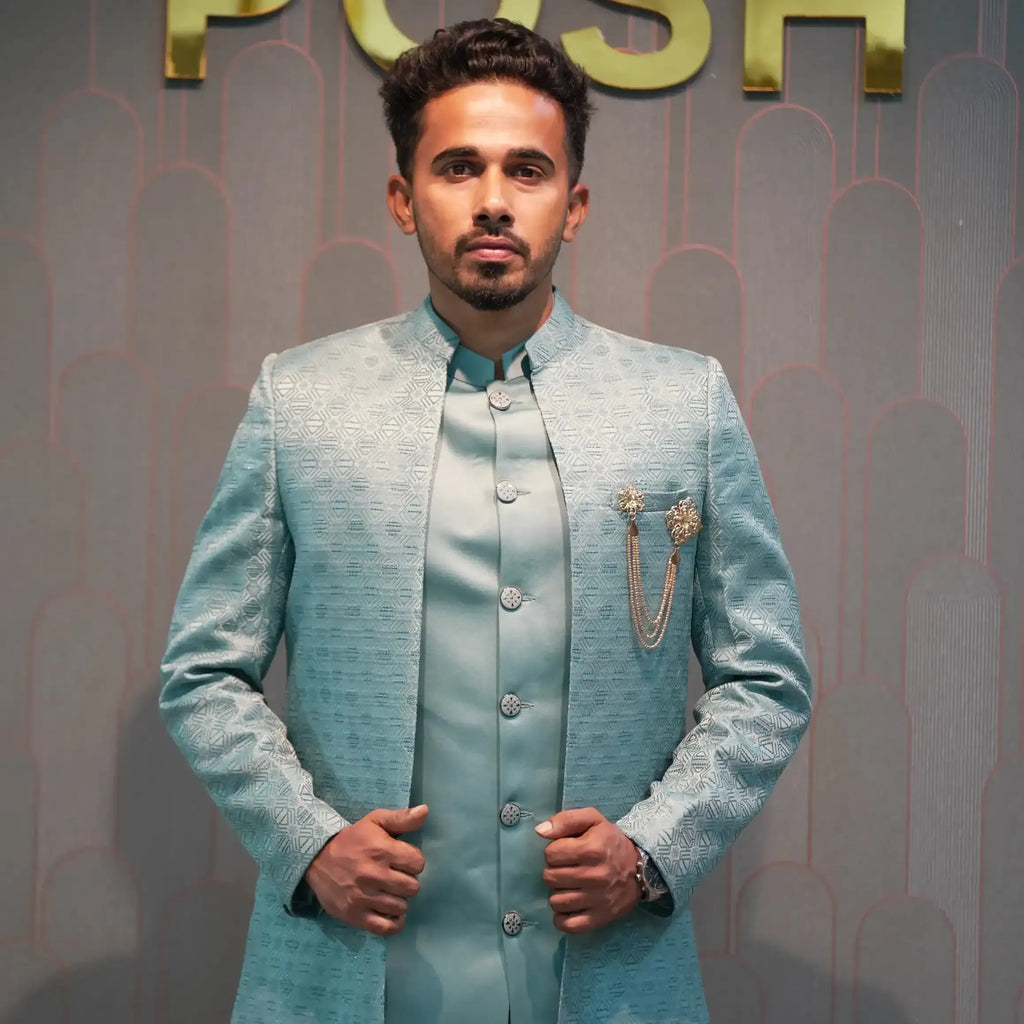 groom indo western outfit rental kerala sky blue