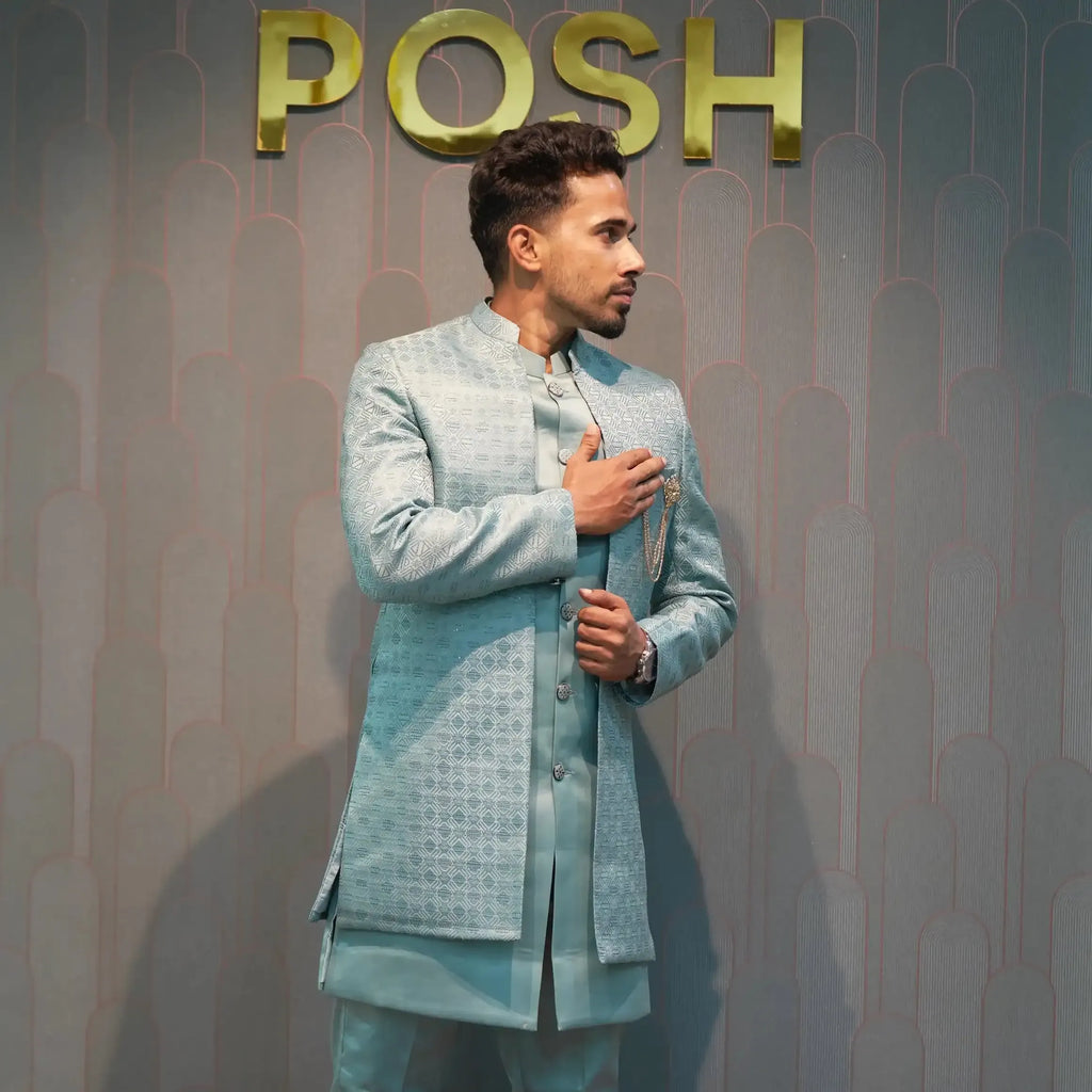sky blue indo western wedding dress rental kerala