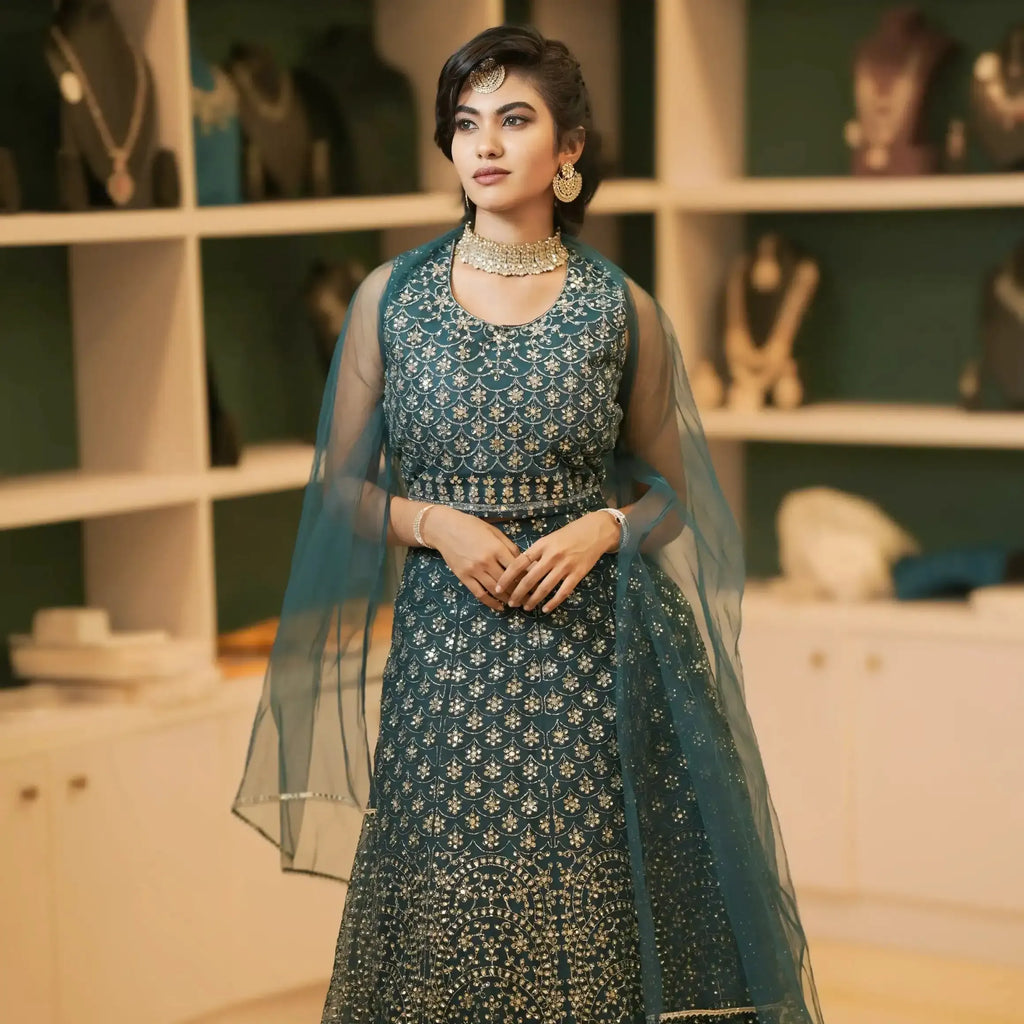 designer lehenga wedding attire rental kerala teal blue
