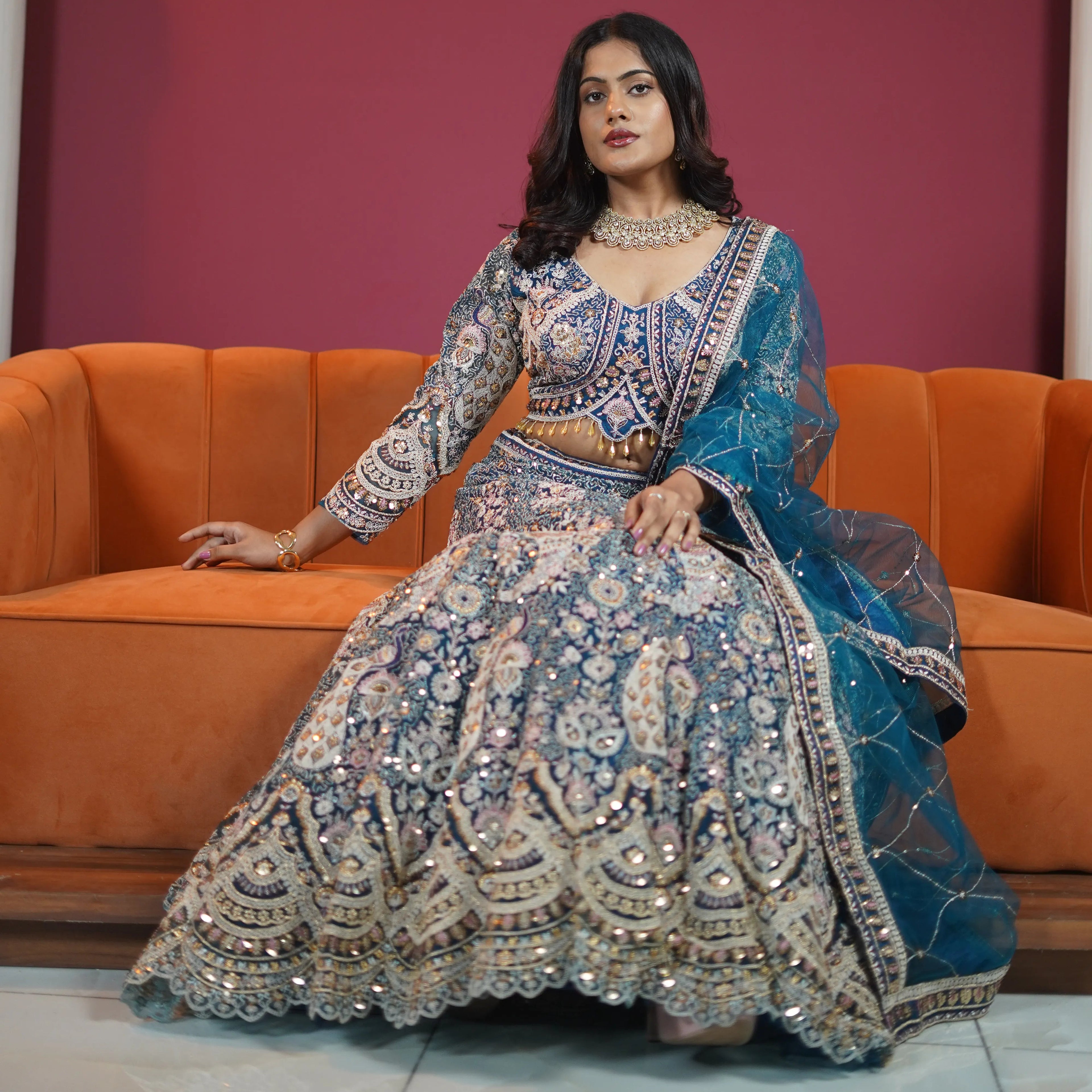 Royal Teal & Silver Embroidered Bridal Lehenga