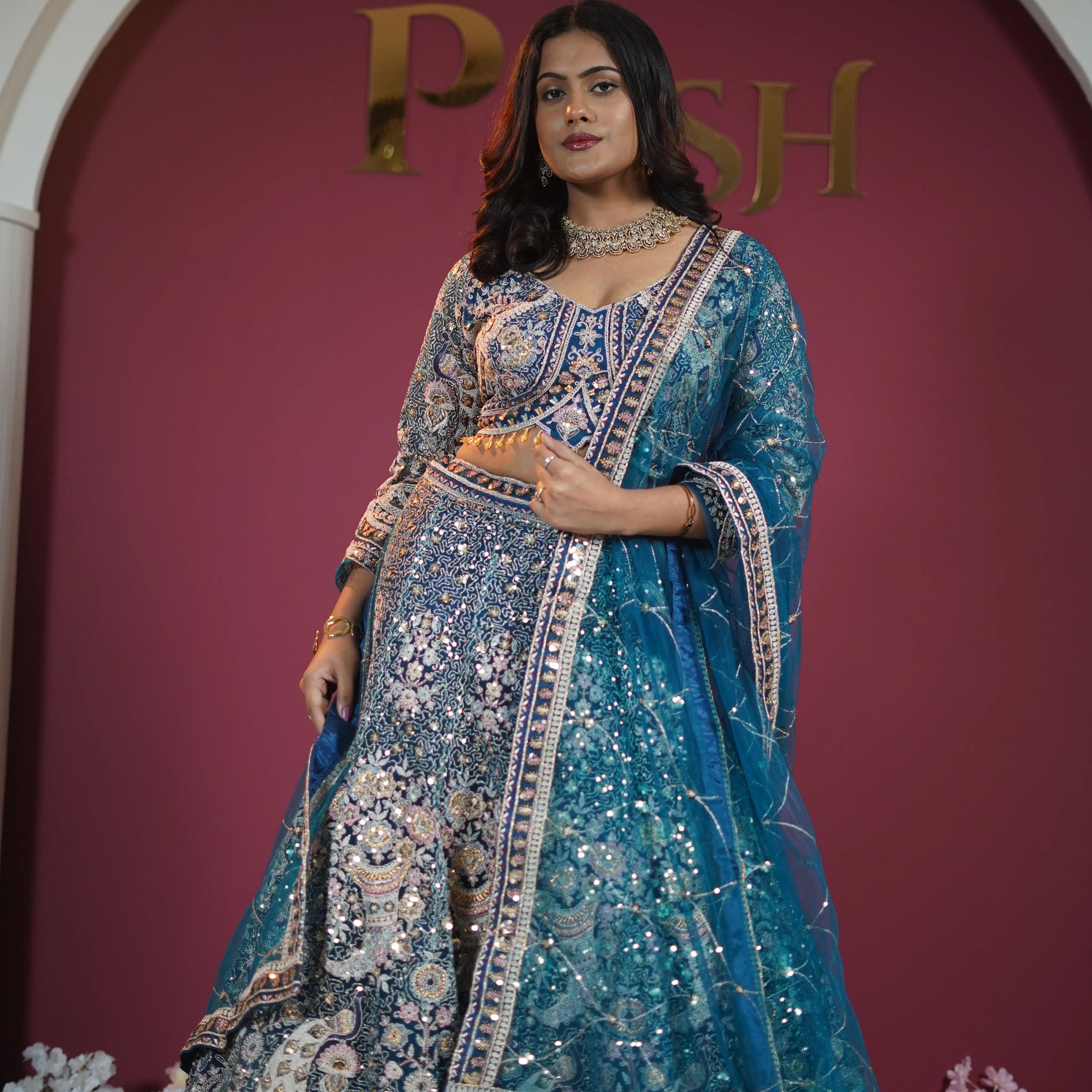 Royal Teal & Silver Embroidered Bridal Lehenga
