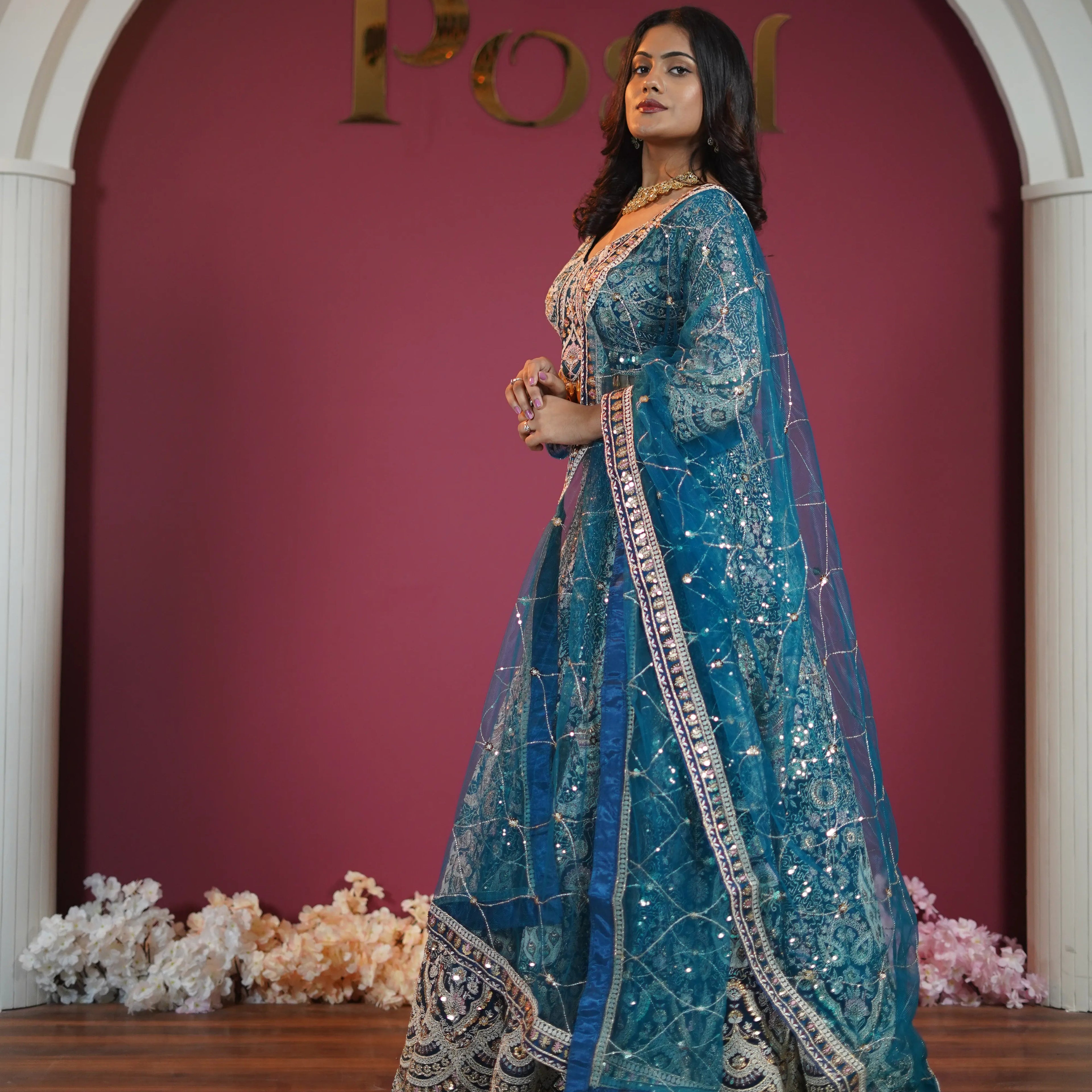 Royal Teal & Silver Embroidered Bridal Lehenga