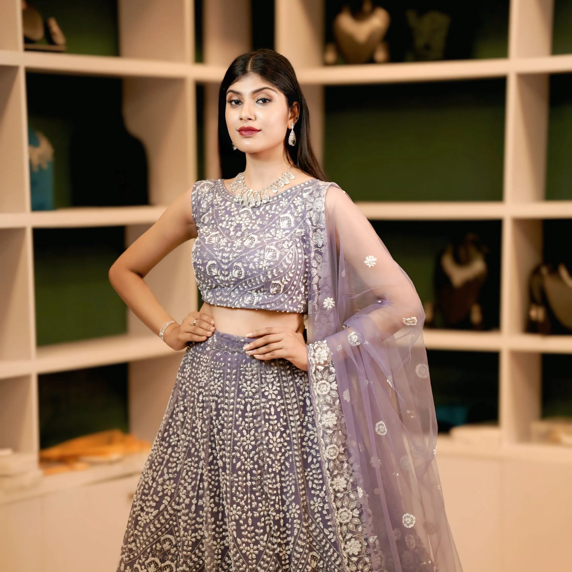 Bride showing Lavender Lehenga