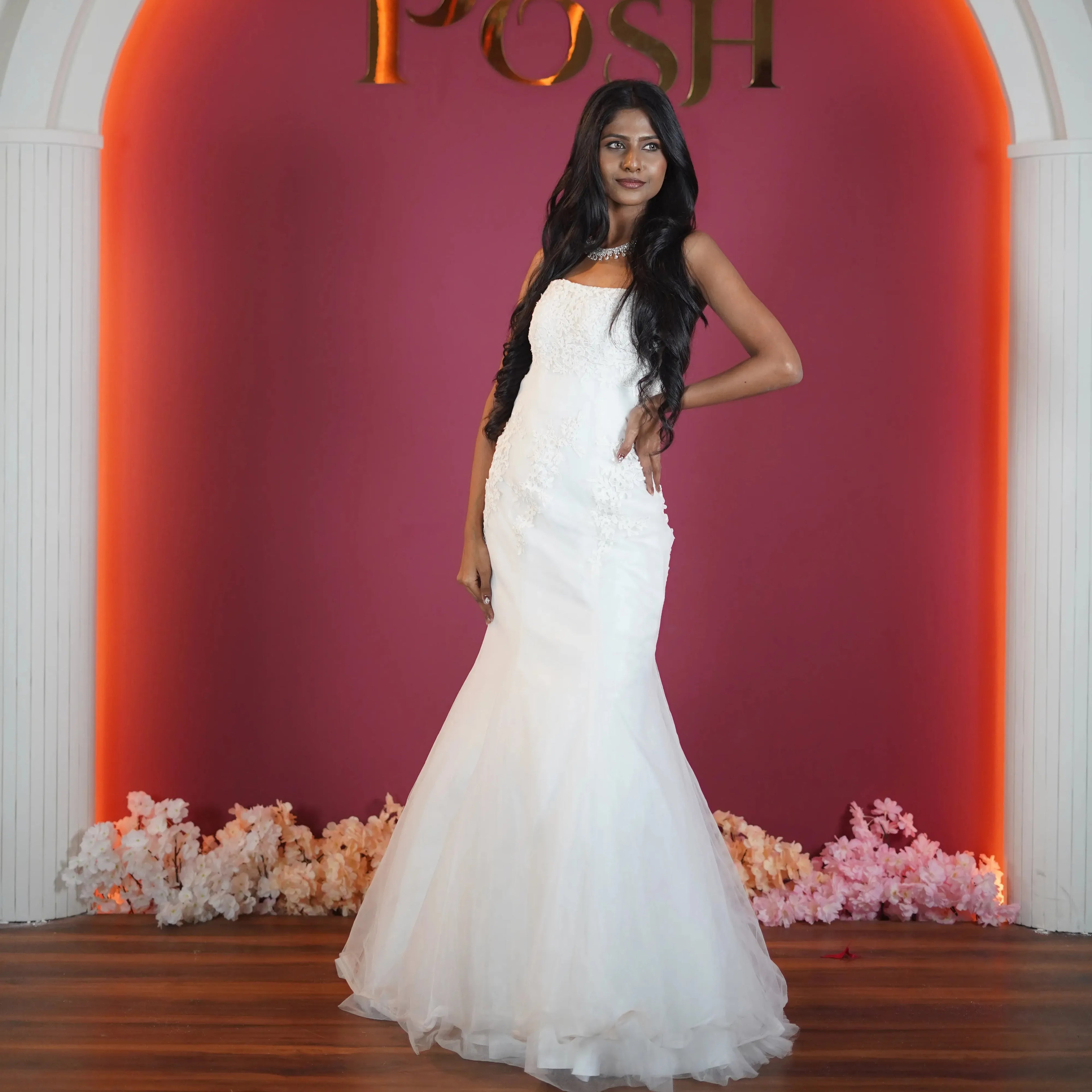 white mermaid bridal gown for bride available at Posh Wedding Rental Kerala wedding gown rental