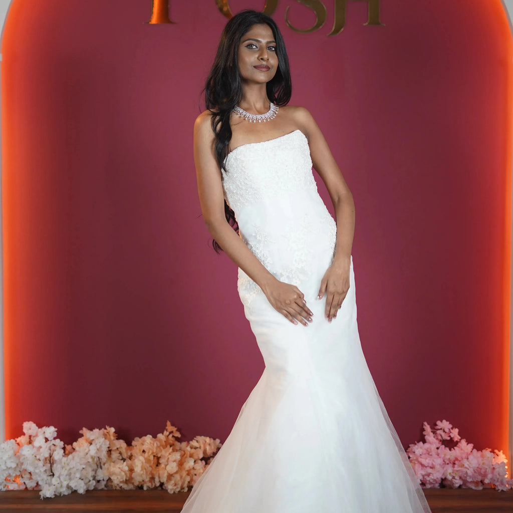 white mermaid bridal gown for bride available at Posh Wedding Rental Kerala wedding gown rental
