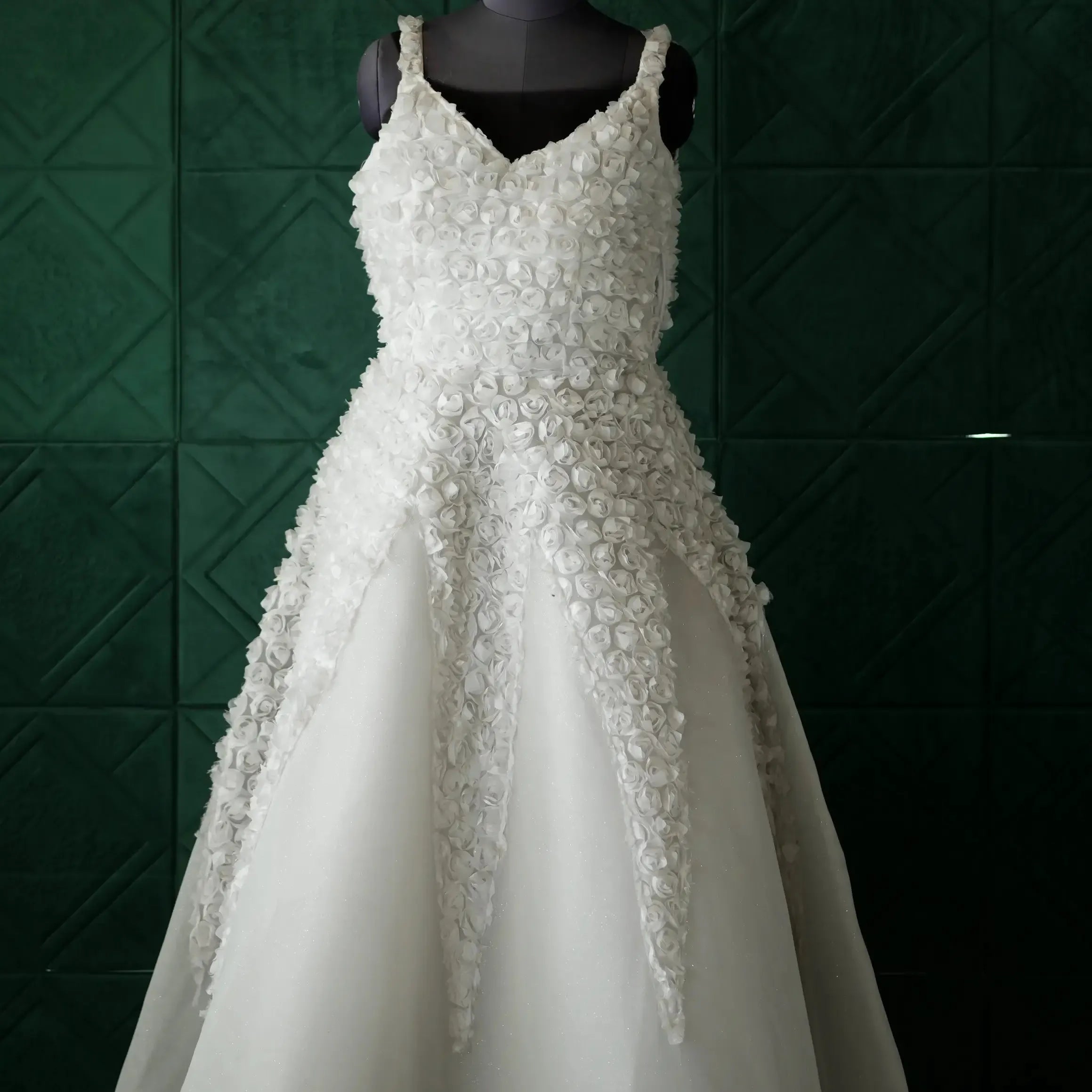white wedding gown with floral design wedding dress rental kerala bridal look