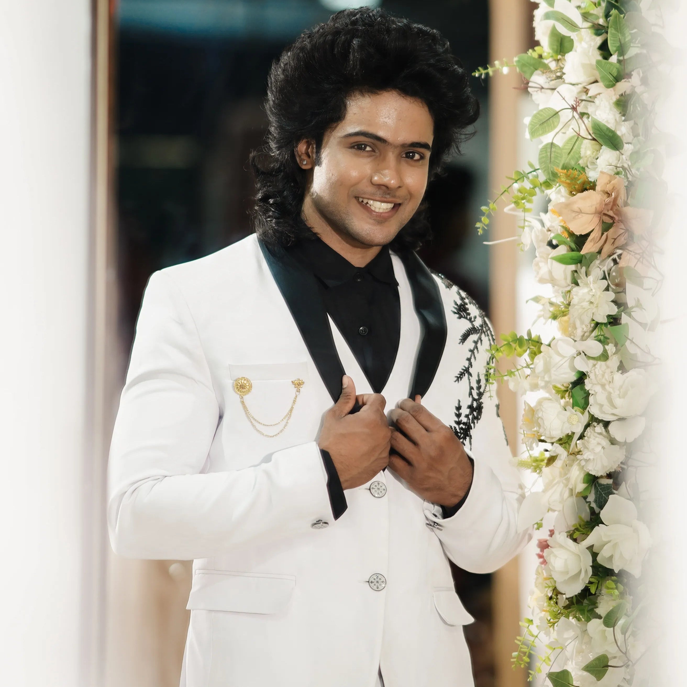 White Designer Groom Tuxedo Suit with Black Satin Lapel