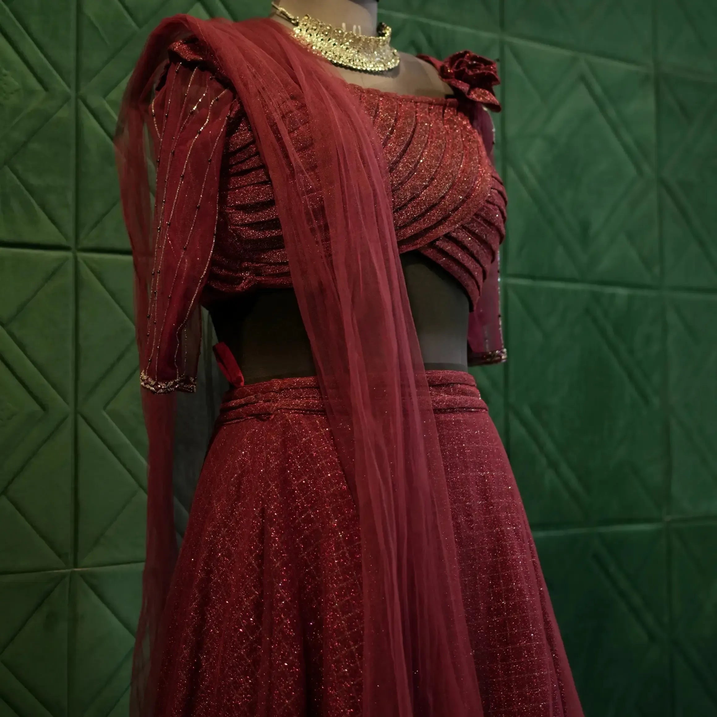 designer wine lehenga wedding clothes rental modern bridal fashion kerala
