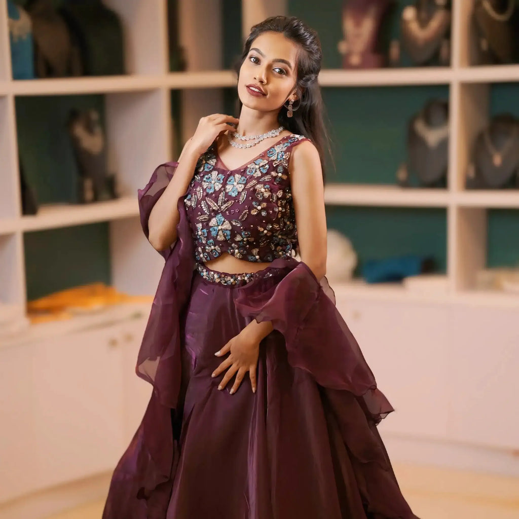 embroidered crop top wedding outfit rentals maroon