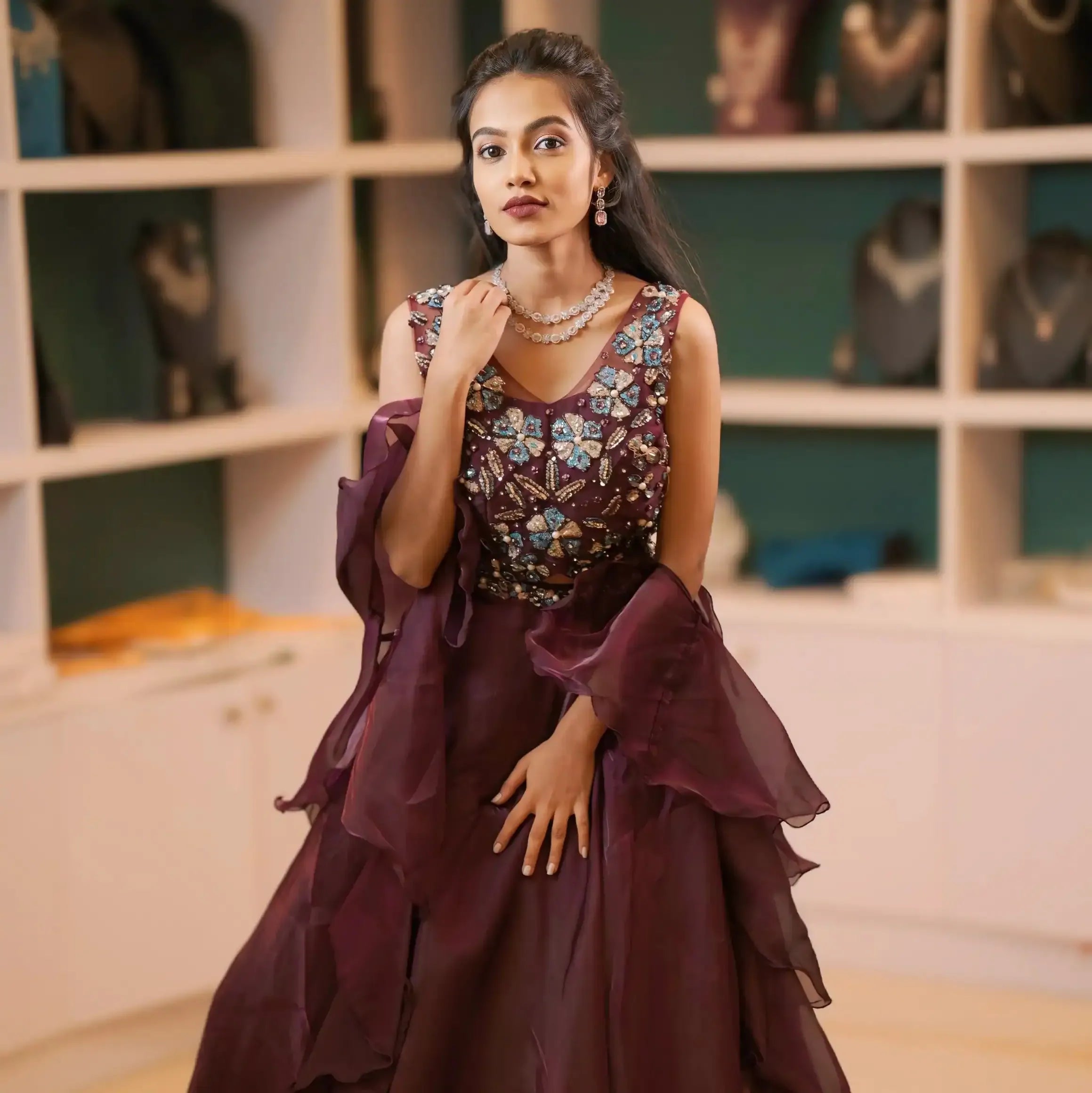 wine maroon crop top wedding dress rental kerala