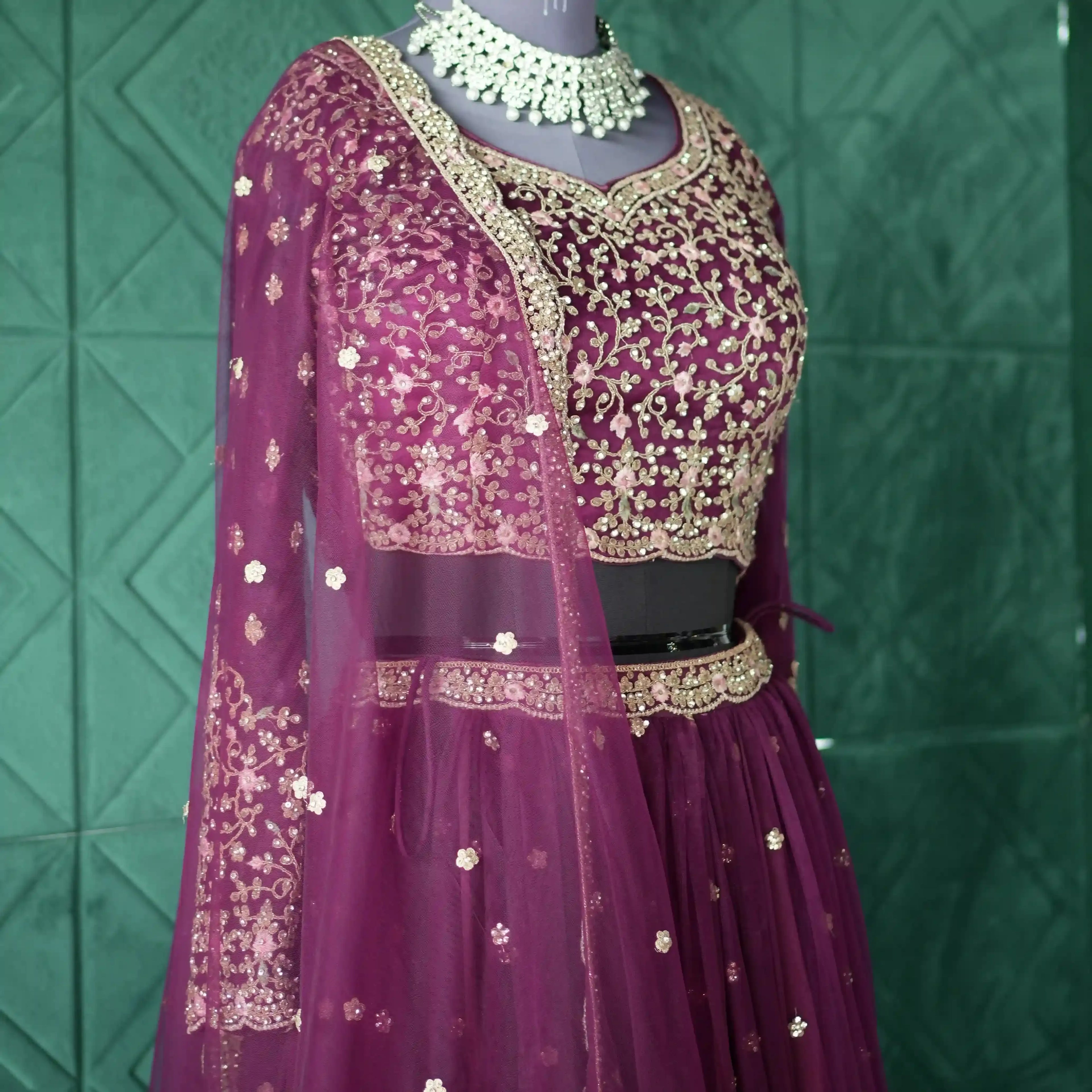 designer bridal lehenga rental kerala wine color