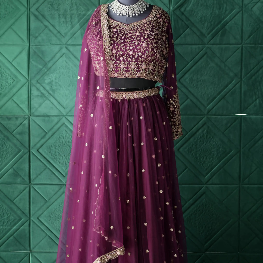 wine purple bridal lehenga wedding dress rental kerala