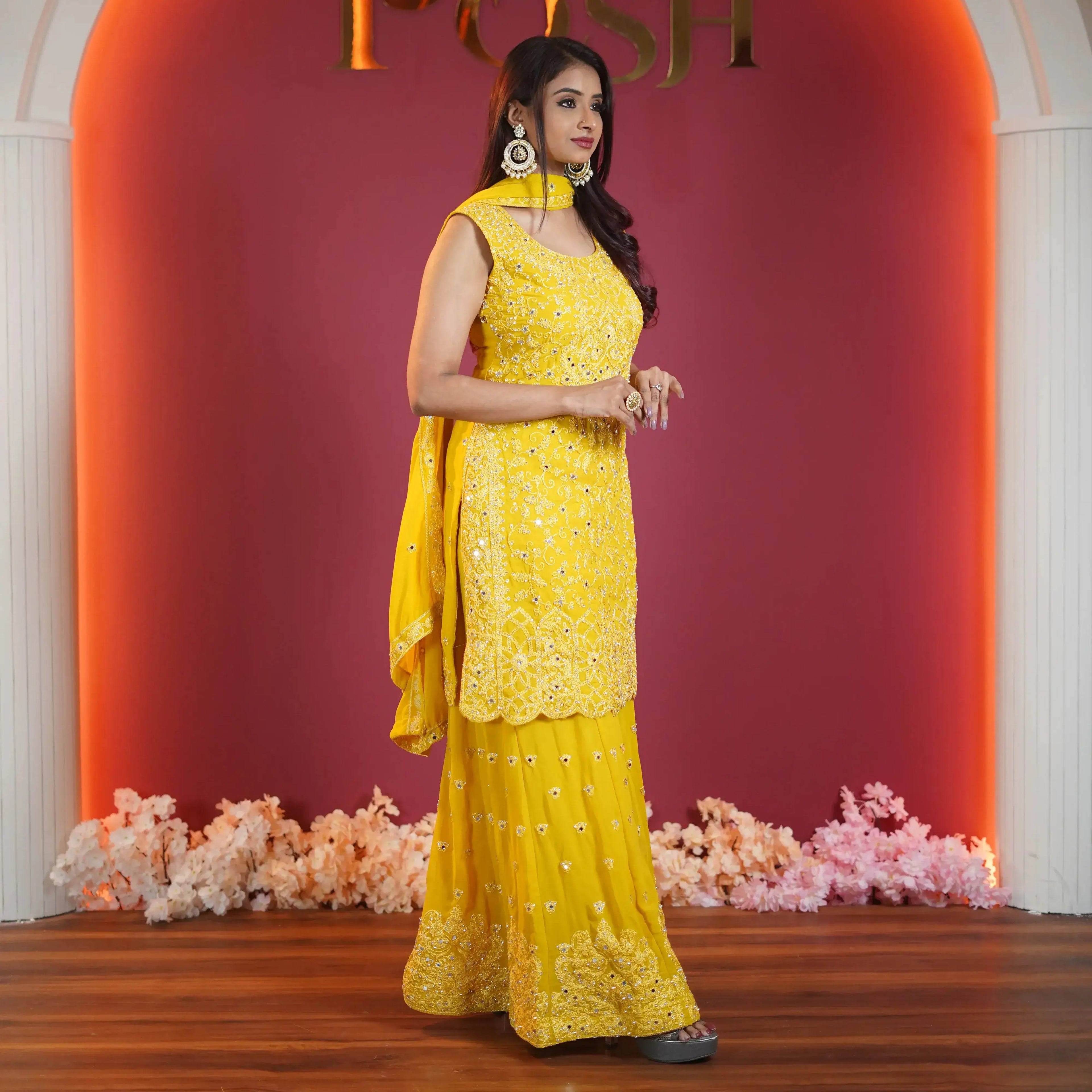 sunshine yellow embroidered sharara set for women available at Posh Wedding Rental Kerala haldi outfit rental