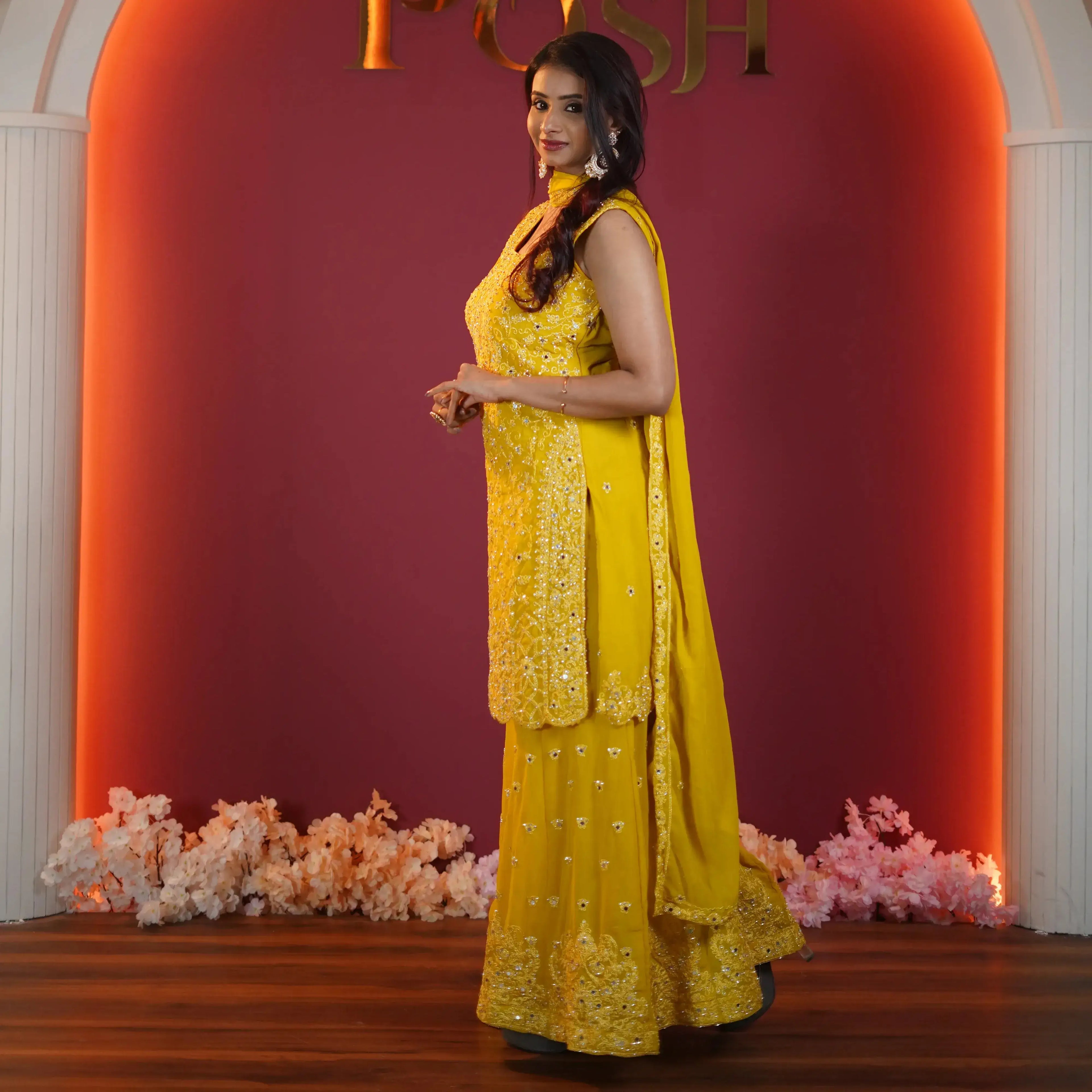 sunshine yellow embroidered sharara set for women available at Posh Wedding Rental Kerala haldi outfit rental