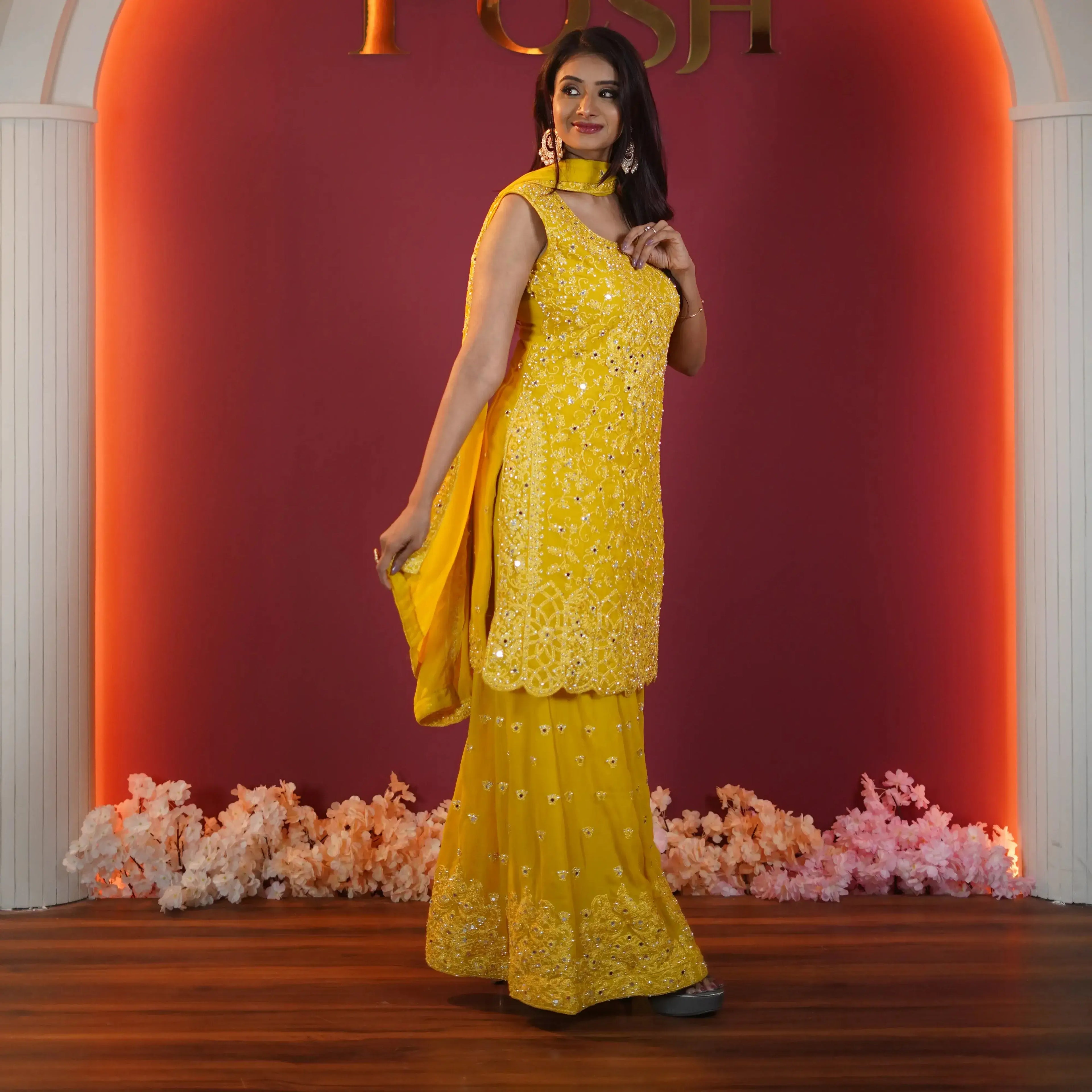 sunshine yellow embroidered sharara set for women available at Posh Wedding Rental Kerala haldi outfit rental