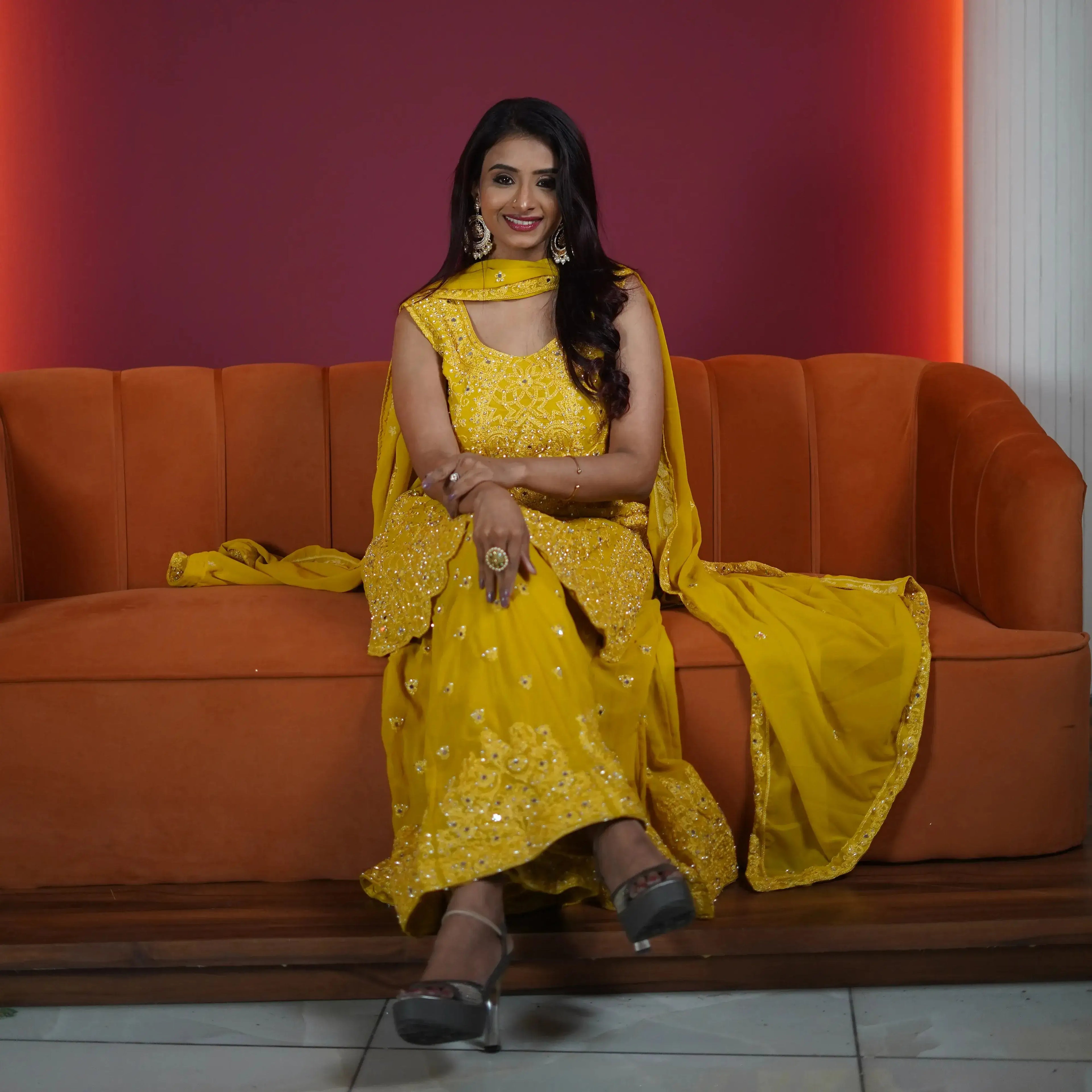 sunshine yellow embroidered sharara set for women available at Posh Wedding Rental Kerala haldi outfit rental
