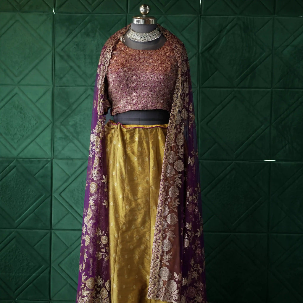 yellow grape bridal lehenga wedding dress rental kerala