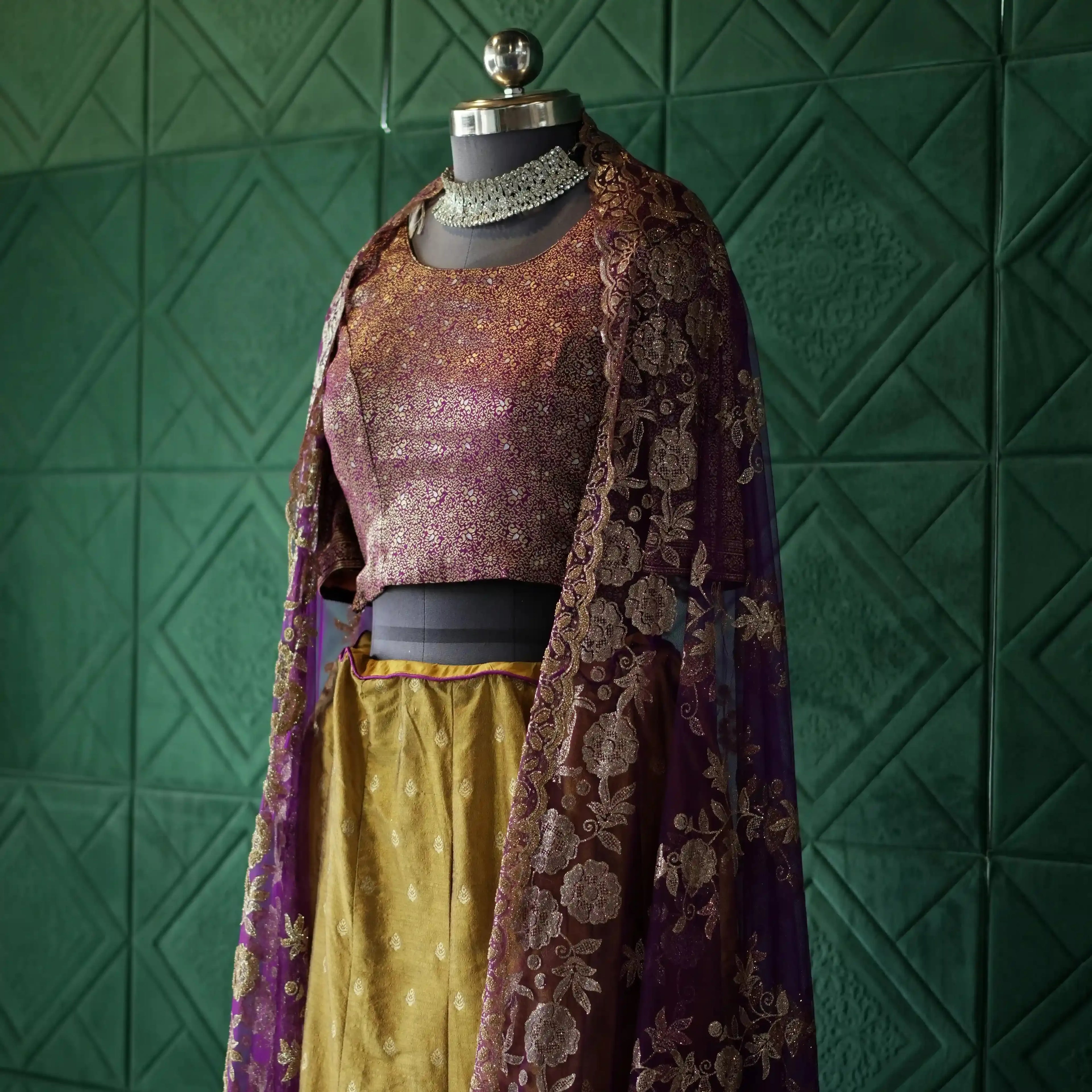 dual tone bridal lehenga rental kerala yellow purple